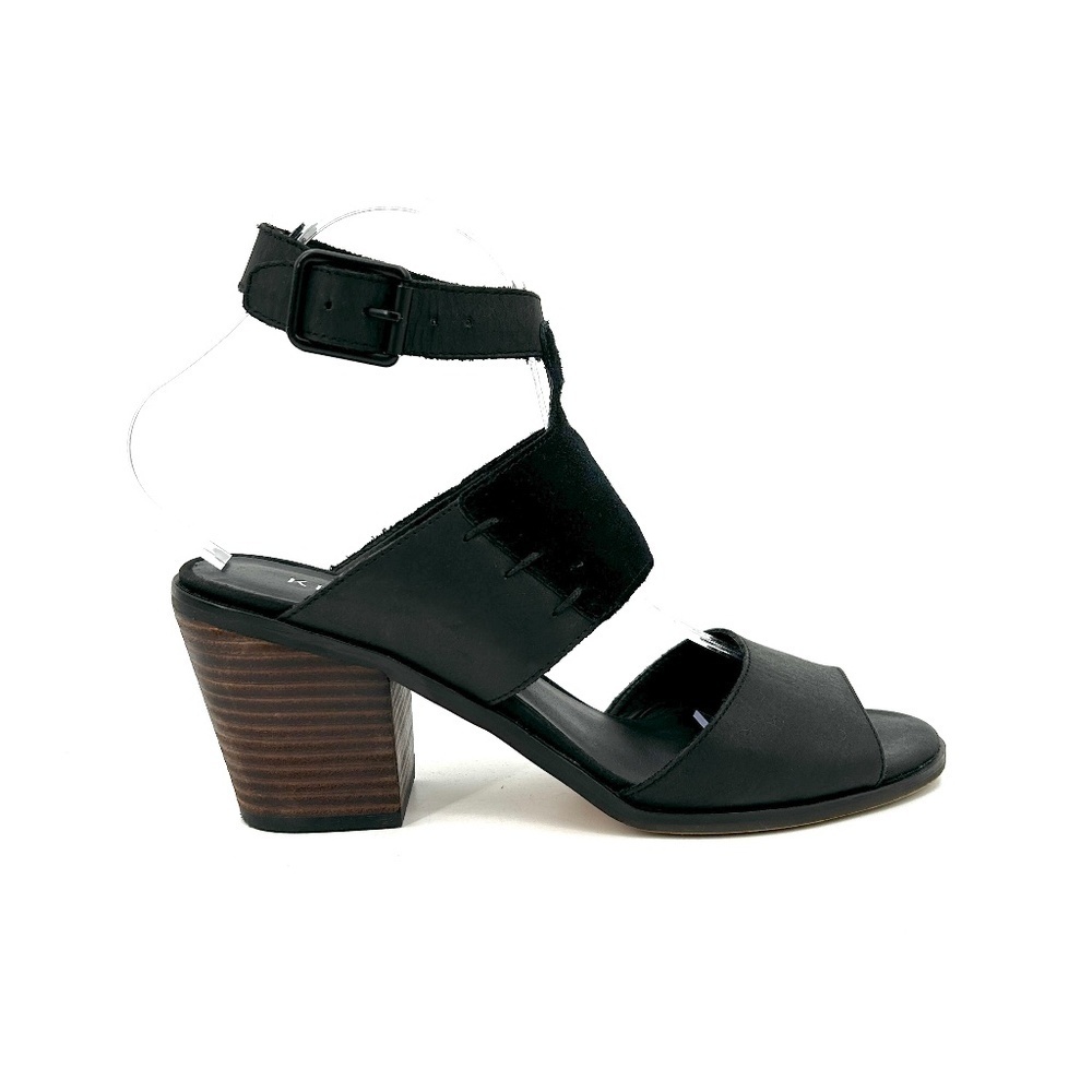 KELSI DAGGER Black Leather Suede Ankle Strap Stacked Heel Boho Sandal Heels 8